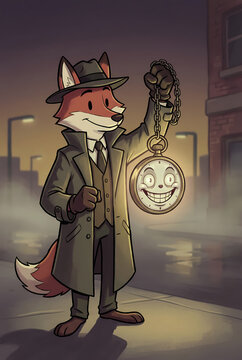 Creepy Surreal Fox Detective with Smiling Pocket Watch &ndash; Dark Noir Cartoon Illustration