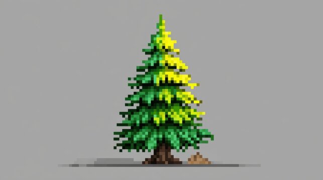 Pixel art Christmas tree with green and yellow foliage, featuring a brown trunk and a small mound of earth at the base, set against a gray background
