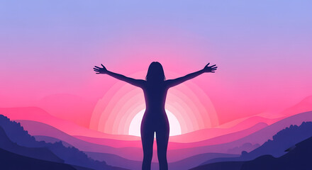 Woman Silhouette Arms Open Sunrise Over Mountains, Freedom and Hope