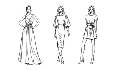 Stylish Girls in Dresses Fashion Sketch Hand Drawn Vector Illustration Isolated on White Background