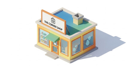 Fototapeta premium Isometric shop illustration with sign, windows, and green awning, sunny day.