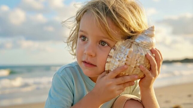 Kid listening to shell on beach, curious boy holding seashell to ear, feeling inspired by summer vacation and sea sound
