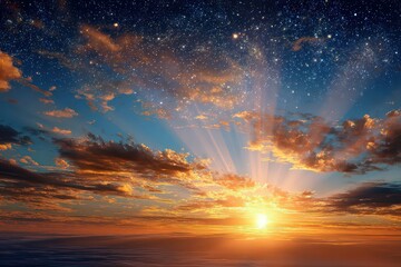 Obraz premium Dramatic Sunrise Radiating Through Clouds in a Blue Sky with Glittering Star Overlay