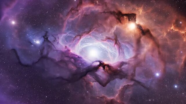 A cosmic nebula explodes with vibrant purple and orange gaseous clouds, illuminated by a bright core