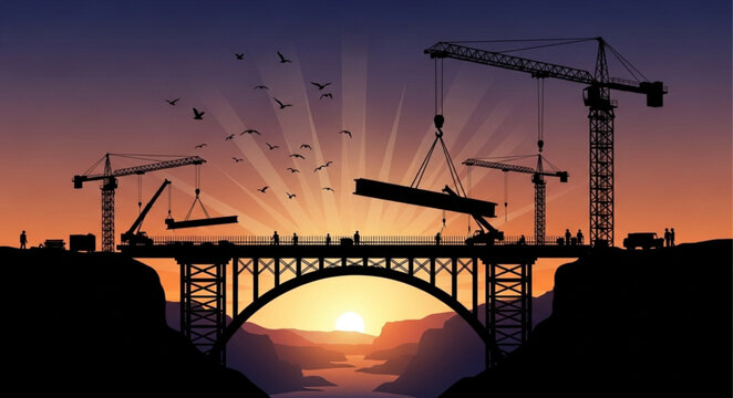 Bridge Construction at Sunset with Cranes.