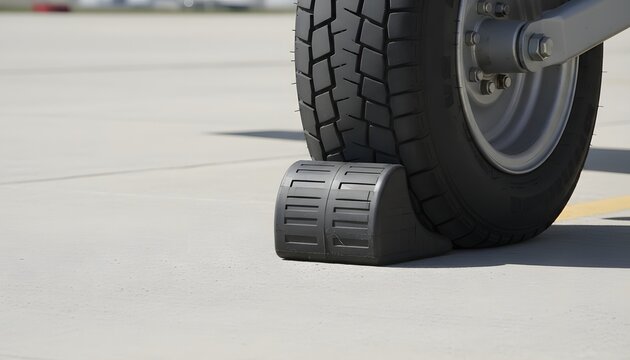 An airplane wheel securely chocked with a durable rubber block on the airport tarmac, representing a critical safety concept for ground operations