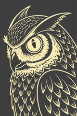 Obraz premium Owl Portrait with Large Eyes Golden Engraving Style Vector Illustration Dark Background