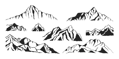 Fototapeta premium Mountain silhouettes set. Hand drawn vector illustrations of rocky peaks and ranges. Landscape elements tattoo sketches. Stencil template for hiking and camping apparel prints, travel posters, decals.