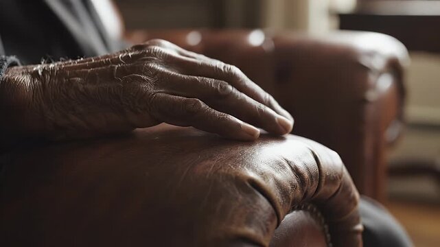 Close-up of an elderly person's wrinkled hand resting on a leather chair's armrest