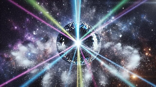 A glittering disco ball explodes with colorful light beams across a starry, cosmic background