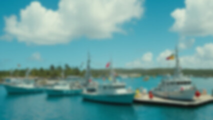 Blurred background of tropical coastal naval operations center with colorful camo structures, Detail: vibrant painted radar domes, bright red and yellow signal flags, docked patrol boats with glossy.