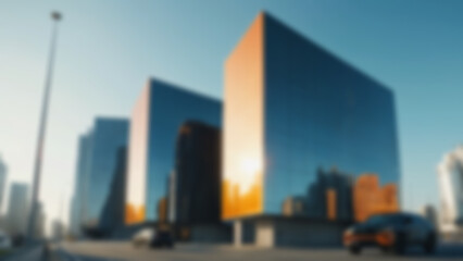 Naklejka premium Blurred background of futuristic urban defense headquarters with reflective glass facade, Detail: bold geometric architecture, bright digital billboards displaying tactical graphics, armored vehicles.