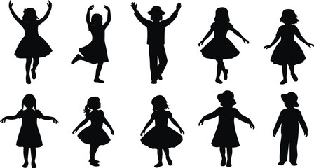 Obraz premium Children dancing silhouette collection, kids playing happy poses black vector isolated on white background for graphic design projects