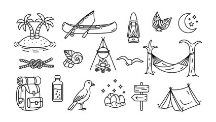 Camping and Outdoors Collection: A collection of various line-art elements depicting the essence of camping and outdoor adventures, ideal for illustrating themes of exploration and tranquility. © MahfujaSultana
