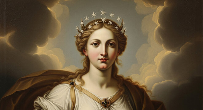 A classical portrait of a woman with long wavy hair, wearing a star crown. She is draped in white and gold fabric against a celestial cloudy sky.
