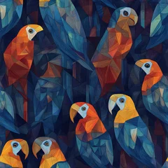 A seamless pattern displays numerous colorful parrots rendered in a geometric, faceted style. Vibrant blue, orange, and yellow plumage contrasts with a dark © ArmirAI