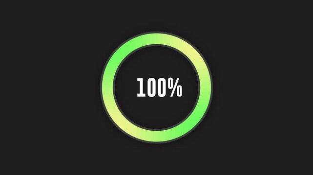 Loading indicator Progress bar 100%.Neon color, black background Percentage meter. UI, hundred percent User interface loading symbol. Download process. Circle icons set, loading circle download.	