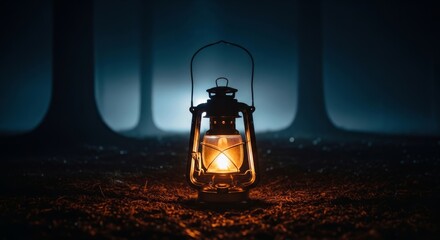 Glowing Vintage Lantern Illuminating Foggy Forest At Night