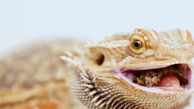 Extreme Close-Up of Bearded Dragon Lizard Opening Mouth and Chewing