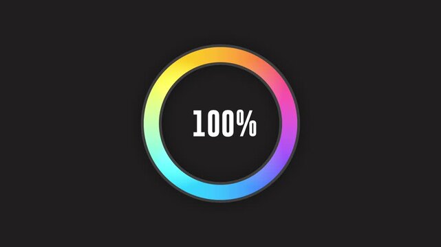 Loading indicator Progress bar 100%.Neon color, black background Percentage meter. UI, hundred percent User interface loading symbol. Download process. Circle icons set, loading circle download.	