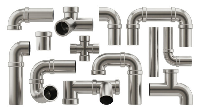 Collection of metal pipes and fittings industrial plumbing isolated on a transparent background