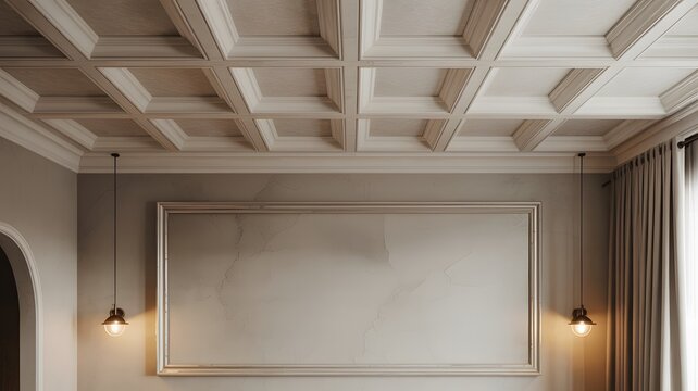 Elegant Coffered Ceiling With Pendant Lights and Wall Frame stock