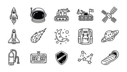Space Exploration Icons: A collection of various space-themed icons, featuring a rocket, astronaut helmet, rover, satellite, comet, moon, planet, backpack, oxygen tank, timer, shield, stars. © MahfujaSultana