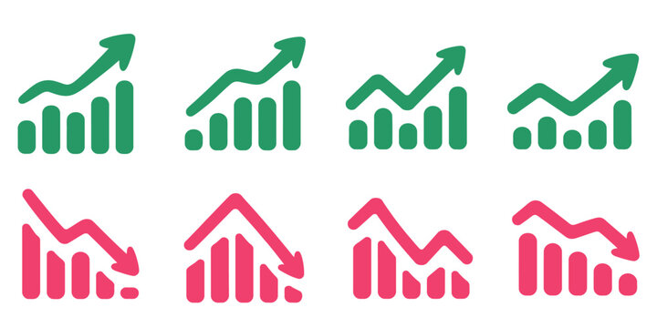 Stock Market Trend Up and Down Arrows, Financial Graphs, Business Investment Growth and Loss, Graph Going Up and Down Symbol with Green and Red Arrows, Vector 