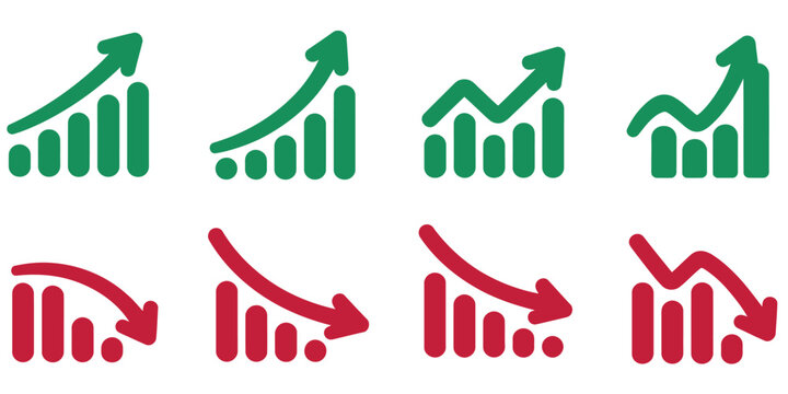 Stock Market Trend Arrows Set, Upward and Downward Financial Graphs, Investment Growth and Loss Symbols, Green and Red Arrows Representing Profit and Decline, Business and Finance Vector 