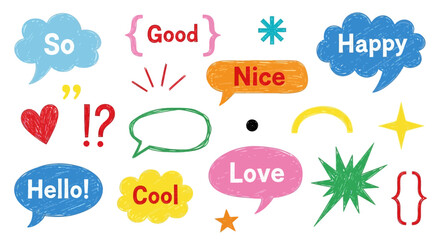 Vibrant colorful stickers with happy words and symbols are displayed.