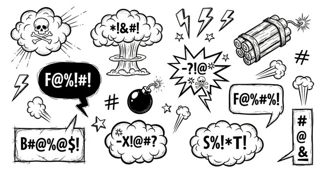 Comic book illustrations show various explosion and speech bubbles with profanity dfghtred 207.ai