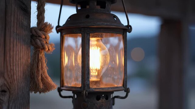 Old lantern with glowing bulb hangs from rough wooden post by rope