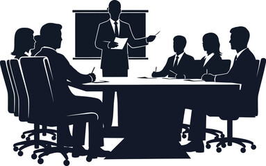 Fototapeta premium Silhouetted group of business professionals sitting around a large conference table listening to a presenter pointing at a screen.