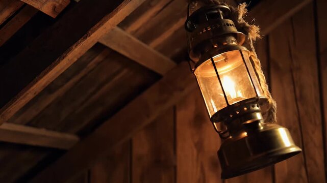 An old kerosene lantern hangs from a wooden ceiling, casting a warm glow