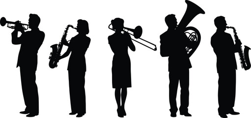 Musician silhouettes collection featuring trumpet, saxophone, trombone and tuba players performing jazz band music isolated on white background © Sohagh's World