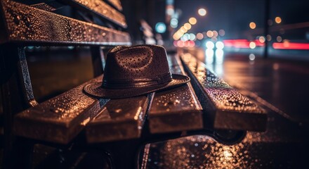 Wet Night Street Scene with Single Hat on Wooden Bench