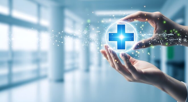 Hands holding glowing blue medical cross icon with data network in modern hospital