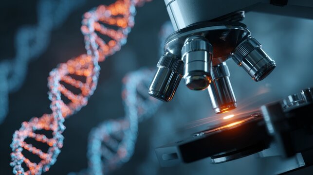 Close-up microscope with laboratory equipment background and macro dna illustration, animated style concept of innovative medical and scientific research, biotechnology and molecular biology innovatio