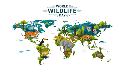Vector illustration of a colorful world map featuring various endangered animals for World Wildlife Day 2026, highlighting conservation and biodiversity. © Rahmat