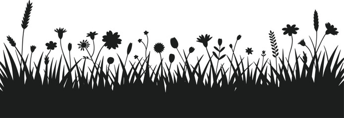Black silhouette of diverse wild grass and flowering plants against a white background vector © MdImran