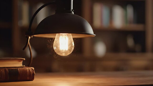 Old books and an illuminated filament bulb rest on a wooden desk, warm light