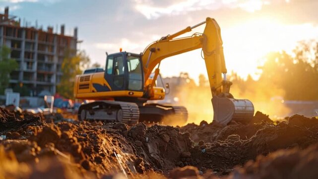 Heavy excavator working on construction site at golden hour