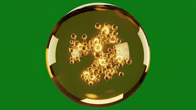 Glowing golden molecular structure encased in a transparent sphere on green background