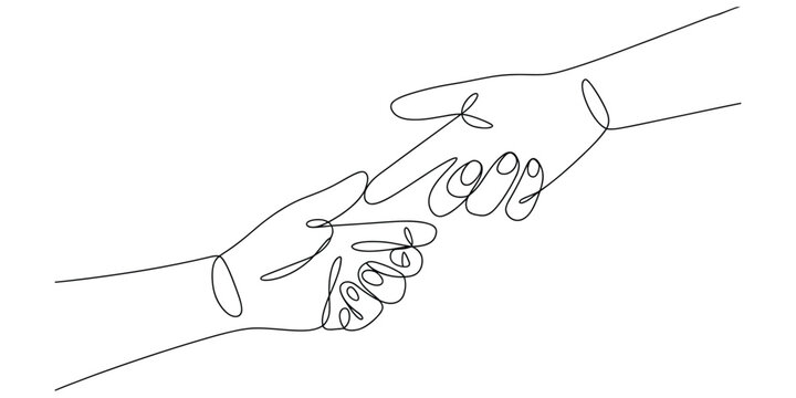 Minimalist single line art illustration of two hands connecting with a gentle touch of fingers