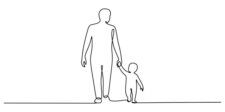 Continuous line drawing of a father holding hands with his young child while walking together.
