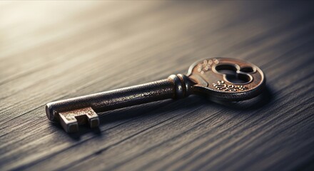 Vintage metal key resting on a wooden surface, close-up view