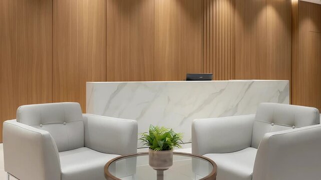 Modern reception area with sleek furniture and wooden accents, ideal for professional settings and corporate branding.