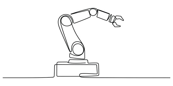 Single line drawing of an industrial robotic arm manipulator for automation and technology.