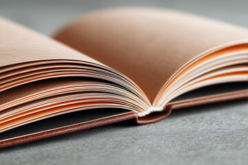 Fototapeta premium Close-up of open book with brown pages on a gray surface