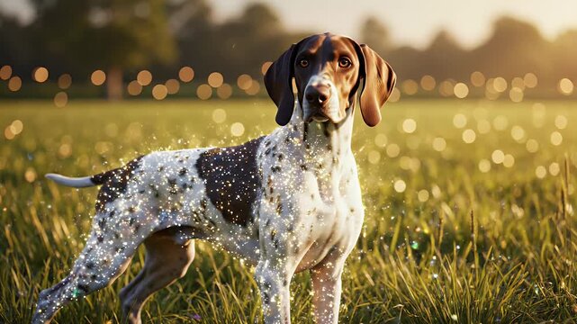 Brown and white dog in field with golden sparkles